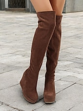 cheap Fashion Boots-Women&#039;s Brown Over-the-Knee Wedge Boots with Side Zipper – Faux Suede Texture and Comfortable Platform for Casual and Stylish Outfits