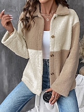 billiga Puffers &amp; Parka-Dam Fleece-jacka Teddyrock Håller värmen Andningsfunktion Ficka Fleecefodrad Ledigt Färgblock Semester Gata Dagliga kläder Utekväll Enkelknäppt Normal Nedvikt Normal Långärmad Ytterkläder Brun Höst