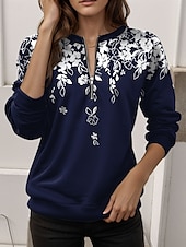 abordables Tops Florales-Sudadera de mujer de poliéster con estampado floral para uso diario, con cremallera, informal, cuello redondo, manga larga, microelástica, otoño e invierno, cómoda, transpirable, tejido suave