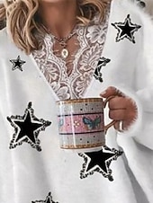 olcso Grafikus minták és részletek-női pulóver pulóver fuzzy jumper v nyak bordázott kötött csipke kötött print ősz tél szabadtéri mindennap hétvége alkalmi puha hosszú ujjú csillag fehér rózsaszín