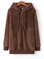 baratos Moletons e Sweatshirts Texturizados-moletom feminino com capuz moletom casual sherpa liso rua diário moletom com zíper bolso manga comprida vinho marrom verde outono inverno