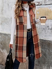 baratos Colete-Mulheres Colete Ao ar livre Rua Roupa Diária Outono Inverno Longo Casaco Normal Térmico / Quente Respirável à moda Casual Casaco Sem Manga Listras e xadrez Com bolsos Imprimir Laranja Verde Cáqui