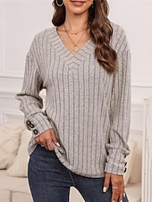 preiswerte Texturierte Oberteile-Damen Hemd Bluse Feste Farbe Basic Brautkleider schlicht Langarm V Ausschnitt Normale Oberteile Täglich Knopf Schwarz Fuchsie Braun Grau Herbst Winter