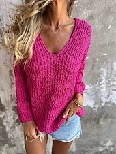 abordables Couleurs unies-Femme Pull Chandail Elégant Mode du quotidien Couleur unie Col V Tricoté Texturé manche longue Hauts réguliers Tricoter Extérieur Bleu Fuchsia Automne Hiver