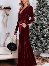 cheap Jumpsuits-Women&#039;s Normal Jumpsuit Stylish Solid Color Long Sleeve Deep V Belted Vacation Party Regular Fit Black Red Blue Spring