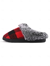 ieftine Flip-Flops de Damă-papuci de damă în carouri căptușiți cu lână - pantofi de casă roșii și negri, în carouri de bivol, cu guler de blană artificială pentru confortul iernii