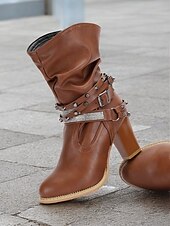 preiswerte Slouch-Stiefel-braune, lässige Stiefel mit halbhoher Sohle und Nietenriemen sowie Strassverzierungen für Damen – High Heel im Westernstil für Partys und die Freizeit