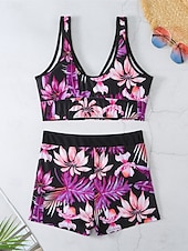 billiga Bikiniset-Dam Badkläder Bikini 2 st Pojkeben Baddräkt Öppen rygg Hög midja Smal Semester Standkläder Blommig Löv V-hals Ärmlös Baddräkter