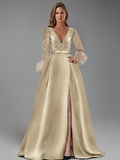 preiswerte Sekt-A-Linie Abendkleid Elegantes Kleid Formelles bodenlanges langärmeliges V-Ausschnitt Champagner Mutter der Braut Kleid Pailletten mit Feder Glitzer 2025