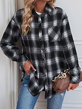 billiga Skjorta jackor-Dam Vardaglig jacka Utomhus Gata Dagliga kläder Höst Vinter Normal Täcka Normal Håller värmen Andningsfunktion Stylish Ledigt Jacka Långärmad Ränder och pläd Med fickor Mönster Svart Rubinrött Grön