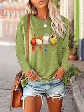 economico Maglietta Animali-Per donna maglietta Animali Uccello Informale Manica lunga Rotonda Top regolari Giornaliero Fine settimana Stampa Rosa Blu Verde Grigio Autunno Inverno