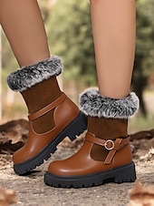 baratos Botas de neve e inverno-botas de inverno femininas com acabamento em pele sintética – botas de cano curto estilosas e quentes com detalhe de fivela e sola resistente, perfeitas para aventuras ao ar livre em climas frios