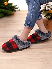 ieftine Flip-Flops de Damă-papuci de damă în carouri căptușiți cu lână - pantofi de casă roșii și negri, în carouri de bivol, cu guler de blană artificială pentru confortul iernii