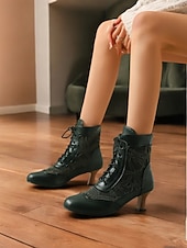 cheap 1920s-Victorian Style Women&#039;s Ankle Boots with Lace Design and Faux Leather Accents – Vintage Lace-Up Footwear for Casual and Costume Occasions