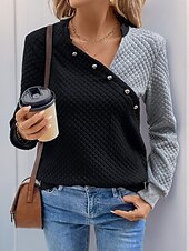 preiswerte Texturierte Kapuzenpullover &amp; Sweatshirts-Damen Pullover Uni V-Ausschnitt Knöpfe Langarm Schwarz Frühling Herbst