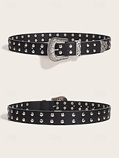 cheap Women&#039;s Belt-Women&#039;s Western Style Belt with Embossed Buckle and Studded Detailing, Faux Leather Adjustable Waist Belt for Casual and Vintage Outfits