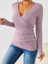 preiswerte Einfache Blusen-Damen Hemd Bluse Patchwork Knöpfe Einfarbig Basic Lässig Langarm V Ausschnitt Normale Oberteile Täglich Blau Rosa Herbst Winter