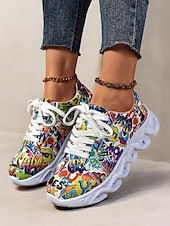voordelige Damessneakers-kleurrijke grafische print sneakers voor dames – trendy lichtgewicht veterschoenen met zachte zool