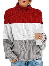 abordables Couleurs unies-Femme Pull Chandail Pull Décontractées Flexible Rayé A côtes Col Roulé Tricoté manche longue Hauts réguliers Tricoter Extérieur du quotidien Fin de semaine Blanche Rouge Automne Hiver