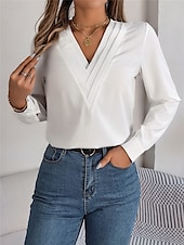 preiswerte Elegante Oberteile-Damen Hemd Bluse Feste Farbe Basic Brautkleider schlicht Langarm V Ausschnitt Normale Oberteile Täglich Weiß Rosa Wein Herbst Winter