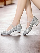 abordables Chaussures de danses latines-chaussures de danse Mary Jane à paillettes dorées pour femmes – chaussures de salon à talon bas pour événements spéciaux et spectacles