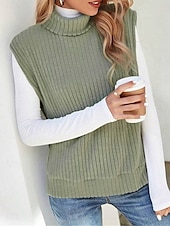 cheap Solid Colors-Women&#039;s Sweater Vest Casual Soft Solid Color Ribbed Turtleneck Split Knitted Sleeveless Regular Tops Knit Outdoor Daily Weekend Light Green Khaki Fall Winter