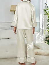billiga Sovkläder till damer-pyjamasset för kvinnor ren färg avslappnad komfort hem dagligen satin siden komfort varm lapel långärmad skjorta byxa knapp upp resår midja höst vinter hem outfits