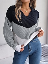 billige Grafiske mønstre og detaljer-Dame Genser Pullover genser Fritid Myk Fargeblokk Riflet V-hals Strikket Langermet Vanlige topper Strikke utendørs Daglig Helg Blå Kakifarget Høst Vinter
