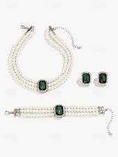 cheap Women&#039;s Necklace-Elegant Women&#039;s Pearl Choker Necklace Set with Green Gemstone and Matching Bracelet &amp; Earrings – Formal Occasion Jewelry