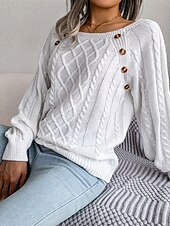 billiga Solida färger-Dam Tröja Pullover tröja Ledigt Mjukt Ren färg Ribbad Fyrkantig hals Knappar Stickat Långärmad Vanliga toppar Sticka Utomhus Dagligen Helgen Vit Kaki Höst Vinter