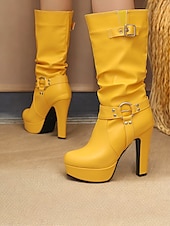 cheap Platform Boots-Women&#039;s White Knee-High Platform Boots with Buckle Straps and High Heels – Stylish Winter Boots for Bold Fashion Statements