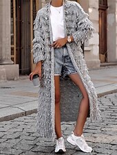 cheap Cardigans &amp; Outerwears-Women&#039;s Sweater Cardigan Casual Soft Pure Color Ribbed Open Front Tassel Knitted Long Sleeve Long Tops Knit Outdoor Daily Weekend Black Khaki Fall Winter