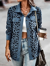 billiga Skjorta jackor-Dam Vardaglig jacka Utomhus Gata Dagliga kläder Höst Vinter Normal Täcka Normal Håller värmen Andningsfunktion Stylish Ledigt Jacka Långärmad Leopard Med fickor Mönster Rodnande Rosa Blå Grön