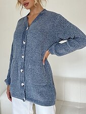 cheap Cardigans &amp; Outerwears-Women&#039;s Sweater Cardigan Casual Soft Pure Color Ribbed V Neck Buttons Pocket Knitted Long Sleeve Long Tops Knit Outdoor Daily Weekend Pink Blue Fall Winter