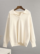 Women's Sweater Pullover Sweater Jumper Casual Soft Pure Color Ribbed Shirt Collar Knitted Long Sleeve Regular Tops Knit Outdoor Daily Weekend White Green Fall Winter 15