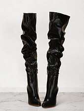 baratos Botas Slouch-botas femininas pretas largas acima do joelho – bico fino estiloso com salto bloco para moda de inverno e roupas de noite