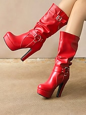 cheap Platform Boots-Women&#039;s White Knee-High Platform Boots with Buckle Straps and High Heels – Stylish Winter Boots for Bold Fashion Statements