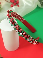 voordelige Haaraccessoires voor dames-Feestelijke rode kersthoofdband voor dames met rode, groene en zilveren kralen - haaraccessoire voor de feestdagen en vieringen