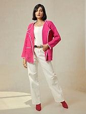 billiga Koftor &amp; Ytterkläder-Dam Kofta Nedvikt Ribbad Sticka Ullblandning Färgblock Drop Shoulder Höst vinter Ledigt / vardag Ledigt vardag Långärmad Kontrastfärg Rosenröd S M L