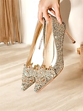 ieftine Mireasă-Pantofi cu toc de mireasă cu sclipici auriu și șampanie, pantofi stiletto cu cristale pentru nunți de lux și de seară