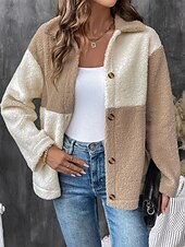 billiga Puffers &amp; Parka-Dam Fleece-jacka Teddyrock Håller värmen Andningsfunktion Ficka Fleecefodrad Ledigt Färgblock Semester Gata Dagliga kläder Utekväll Enkelknäppt Normal Nedvikt Normal Långärmad Ytterkläder Brun Höst