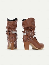 preiswerte Slouch-Stiefel-braune, lässige Stiefel mit halbhoher Sohle und Nietenriemen sowie Strassverzierungen für Damen – High Heel im Westernstil für Partys und die Freizeit