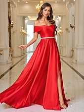economico ROSSO-Abito da sera A-Line elegante abito formale strascico  spazzola copertura maniche lunghe off-shoulder tasca satin con strass
