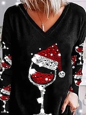 preiswerte Weihnachts-T-Shirts-Damen Bluse Langarm V-Ausschnitt Print Weihnachtsmannmütze Weingläser Urlaubs T-Shirt Schwarz Festlich Casual Party Top Bequem