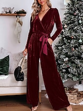cheap Jumpsuits-Women&#039;s Normal Jumpsuit Stylish Solid Color Long Sleeve Deep V Belted Vacation Party Regular Fit Black Red Blue Spring