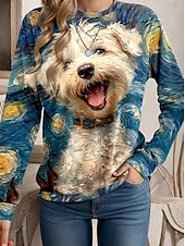 abordables Sudadera-Sudadera de mujer con estampado de perro para uso diario, informal, cuello redondo, manga larga, microelástica, otoño e invierno, cómoda, transpirable, tejido suave