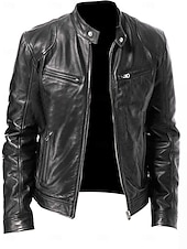 cheap Faux Leather Jackets-Men's Faux Leather Jacket Biker Jacket Motorcycle Jacket Daily Thermal Warm Rain Waterproof Zipper Fall &amp; Winter Solid Colored Punk Vintage Stand Collar Regular Black Blue Brown Coffee Jacket
