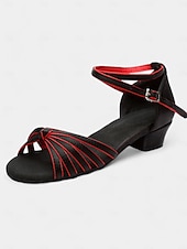 economico Scarpe per balli latini-sandali da ballo latino in raso da donna con design a cinturini, suola in morbida pelle scamosciata e tacco basso - perfetti per balli da sala, salsa e balli sociali
