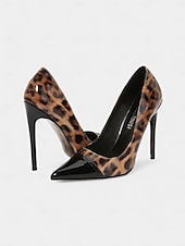 abordables Talons Aiguilles-talons aiguilles imprimé léopard pour femmes – escarpins à bout pointu en cuir verni rouge pour fêtes et événements nocturnes