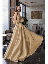 cheap CHAMPAGNE-A-Line Evening Gown Elegant Dress Formal Sweep / Brush Train Long Sleeve One Shoulder Pocket Satin with Glitter